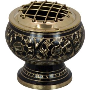 Incense Burner Brass with Grid Engraved Flowers Blue