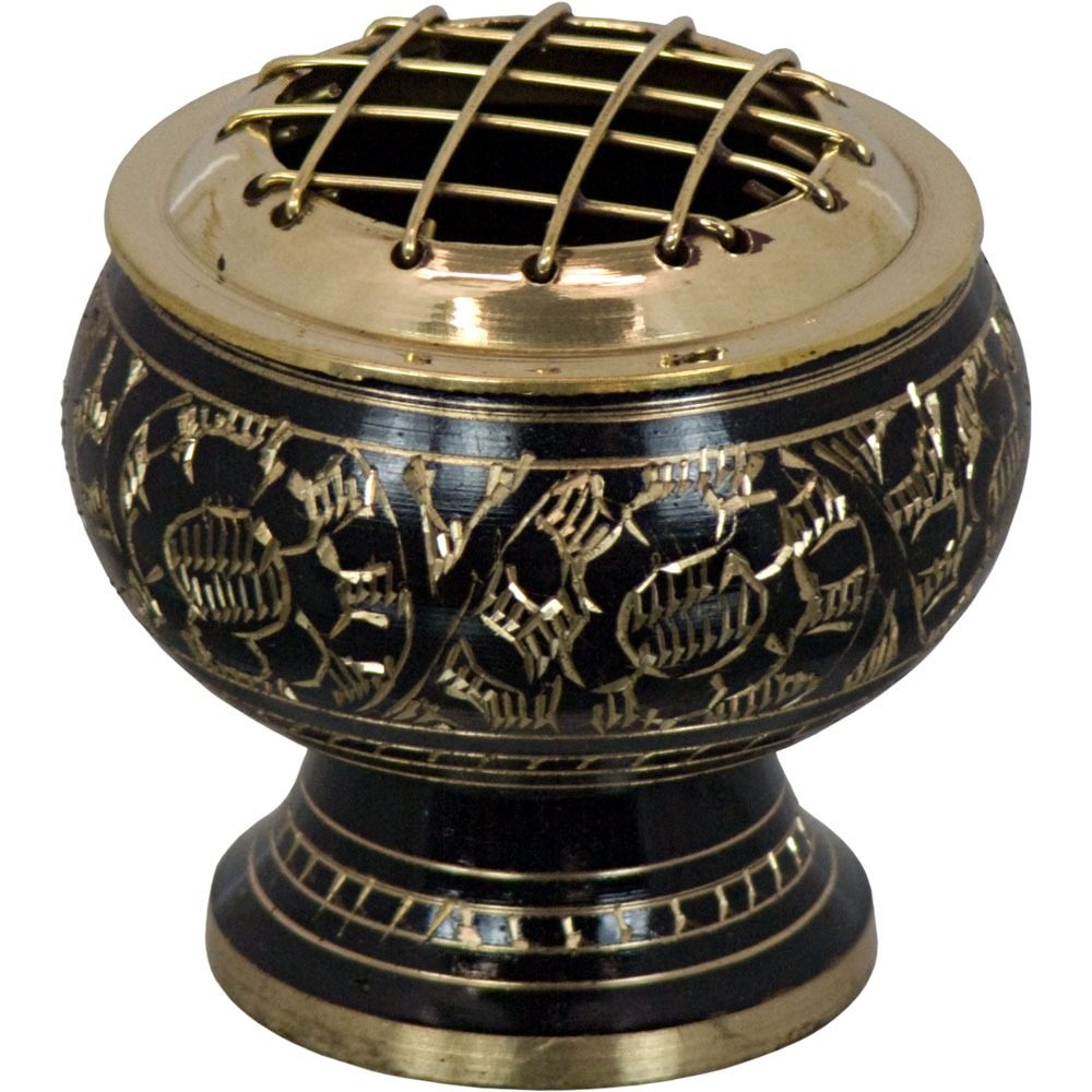 Incense Burner Brass with Grid Engraved Flowers Blue